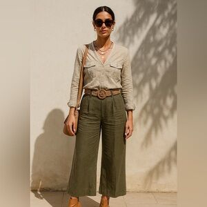 Harve Benard Linen Khaki Pullover Long Sleeve Blouse